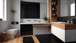 © free - Modern Bathroom with Double Sink, Wooden Cabinet, and Black Tiles