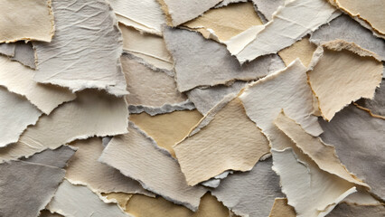 Poster - Torn Paper Texture: A close-up, abstract view of a collection of torn paper pieces in various shades of beige, white, and gray, creating a textured background with an artistic and organic feel. 