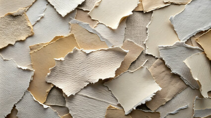 Poster - Torn Paper Texture: A close-up, abstract view of a collection of torn paper pieces in various shades of beige, white, and gray, creating a textured background with an artistic and organic feel. 