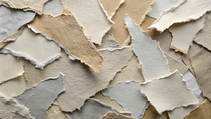 Poster - Torn Paper Texture: A close-up, abstract view of a collection of torn paper pieces in various shades of beige, white, and gray, creating a textured background with an artistic and organic feel. 