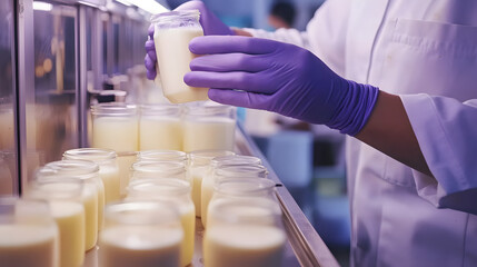 Wall Mural - Food scientist testing milk samples of dairy products in the laboratory. Researchers are looking at the stratification of milk.