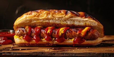 Poster - Grilled Sausage Bun with Tomato Sauce and Yellow Mustard