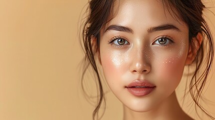 Beautiful young Asian woman with clean fresh skin on beige