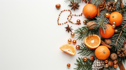 Sticker - Christmas composition with oranges, pine branches, cinnamon sticks, and golden beads on a white background.