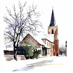 Wall Mural - watercolor painting of a snow-covered church in a quiet town, on isolated white background