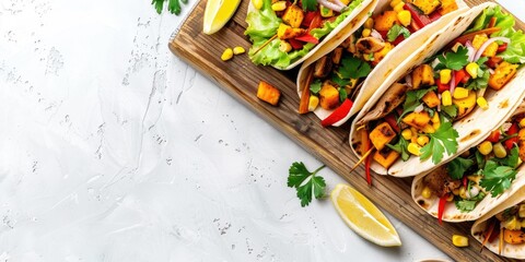 Poster - Chicken Tacos with Grilled Corn, Roasted Sweet Potatoes, Bell Pepper, and Parsley on a Wooden Board with a White Concrete Background, Elevated View, Blank Space