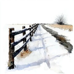 Wall Mural - watercolor painting of a snow-covered fence along a country road, on isolated white background