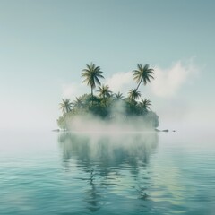 Wall Mural - A simple, misty depiction of a desert island emerging from the water, with minimal detail highlighting its serene and remote ambiance.