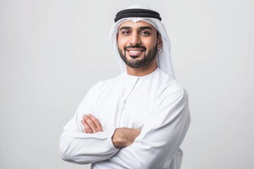 Wall Mural - Confident Emirati man wearing a white kandura, with his arms crossed, smiles at the camera in a studio shot against a white background