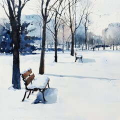 Wall Mural - watercolor painting of a snowy park with snow-laden benches, on isolated white background