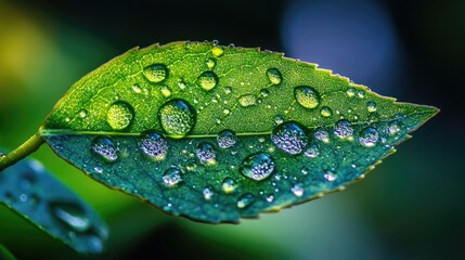 Canvas Print - Waterdrops leaf green reflection. Generative AI