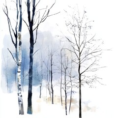 Wall Mural - watercolor painting of a winter forest with bare trees, on isolated white background