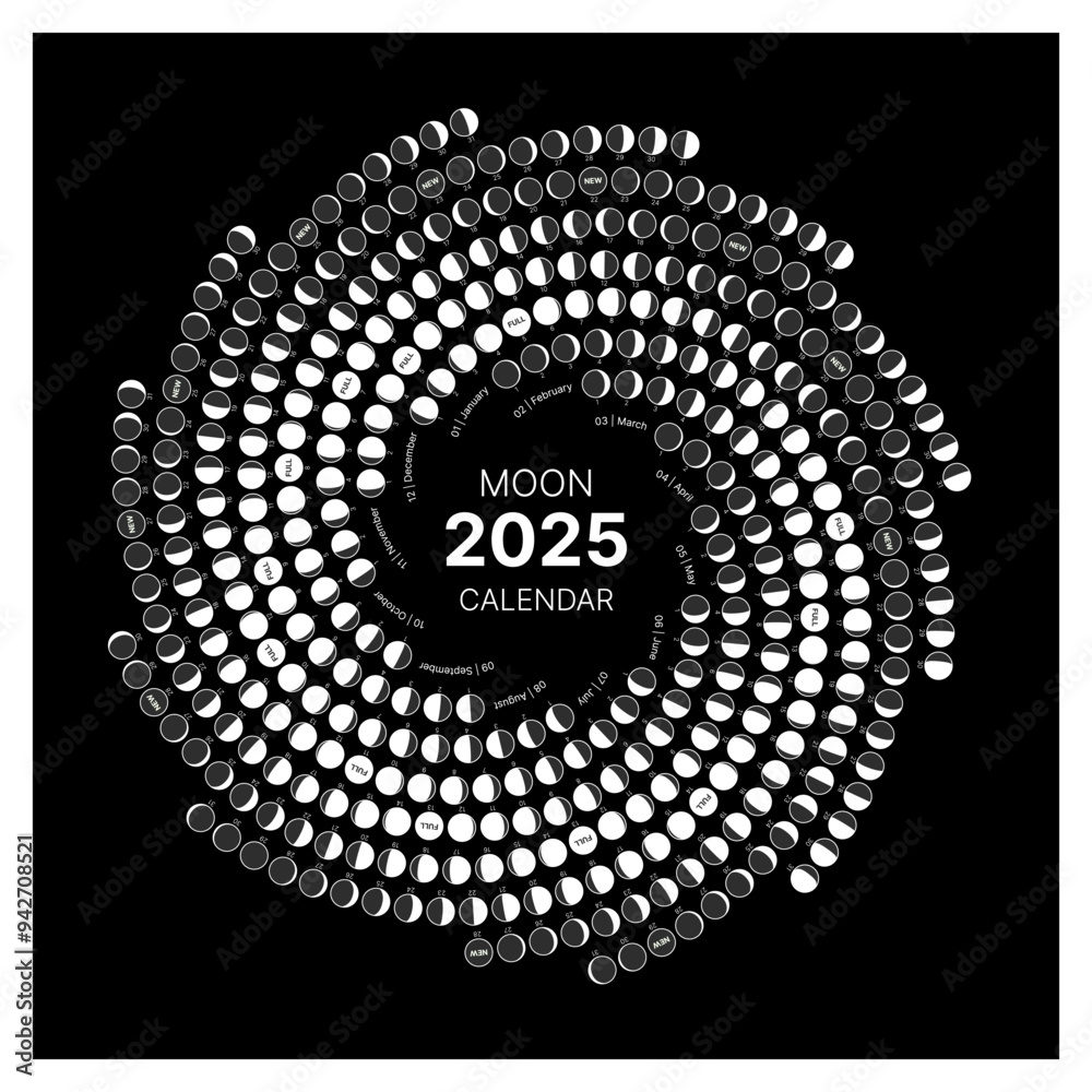 Spiral moon cycle calendar for 2025. Astronomy round dairy. Poster of ...