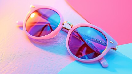 Canvas Print - Colorful round sunglasses with blue and pink lenses on pink and blue background showcasing trendy summer fashion accessory