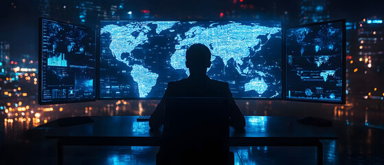 Wall Mural - Professionals sitting at their desks, analyzing global data on computer screens with large monitors displaying world maps and data points, creating an atmosphere of national security.