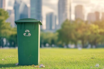 recycling bin against lush urban background a symbol of eco consciousness and sustainability