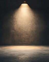 Dramatic spotlight on an empty concrete floor and a textured wall, creating a moody and focused atmosphere perfect for various uses.