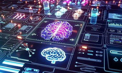 Poster - Exploring the intricate connections of artificial intelligence with a visual representation of a digital brain in a vibrant technological landscape. Generative AI