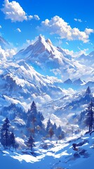 Enchanting Anime-Style Winter Wonderland: Majestic Mountain and Snow-Covered Trees in Serene Blue Landscape. AI-Generated Illustration for Seasonal Marketing, Web Design, and Artistic Projects. Versat