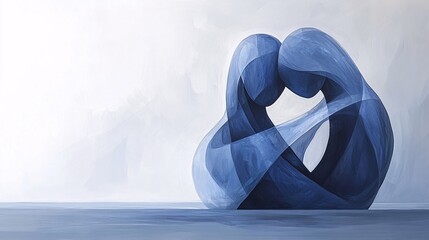 Simple abstract art featuring two intertwined bodies in an embrace, smooth curves, no faces or hands, using shades of blue on a light grey backdrop.