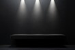 © Dzikrul Husnani - Blank black table platform with bright spotlight isolated on black wall, empty table - place for product placement and text and design, empty place table stage podium hight quality, ai