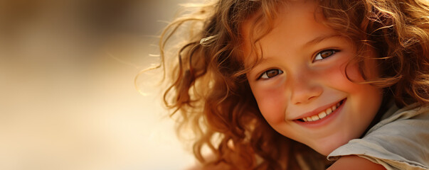 Wall Mural - A cheerful girl with curly hair smiles brightly, enjoying a sunny day outdoors in a natural setting surrounded by soft, warm light