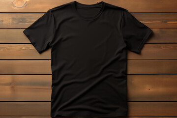 Wall Mural - Black t-shirt front view mockup Shirt Mockup Template design print on wooden background