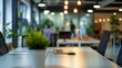 © EvgeniiasArt - Business modern office open space with wooden table bokeh background blurred interior with panoramic windows and beautiful lighting