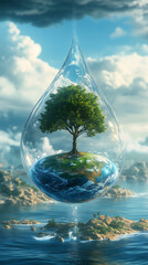 Wall Mural - water droplet contains the earth, a small tree grows within the droplet