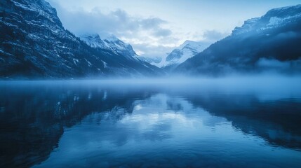  Serene Dawn Mountain Lake with Mist and Snow-Capped Peaks