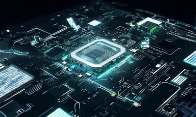 Poster - Exploring the intricate design of a futuristic circuit board illuminated in vibrant blue and green hues, highlighting advanced technology and innovation at play. Generative AI