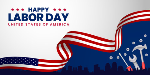 USA Happy Labor Day celebration banner background design with American flag. Labour day Safety hard hat and Construction tools background.