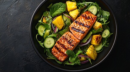 Wall Mural - Realistic top view of a keto lunch salad featuring grilled salmon, fresh green salad leaves, cucumber, red onion, mint, and pineapple in vibrant colors.