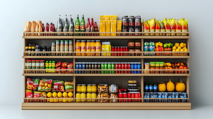 3d hyperrealistic supermarket shelfs with products, element isolated on white background	