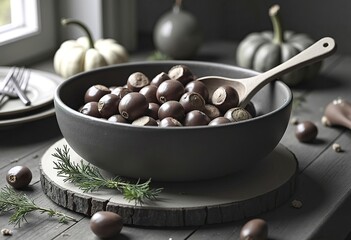 Roasted chestnuts in a bowl with a wooden spoon, garnished with fresh dill