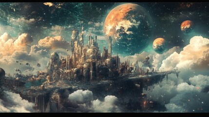 Poster - A Futuristic City Floating Among Clouds and Planets in a Starry Sky