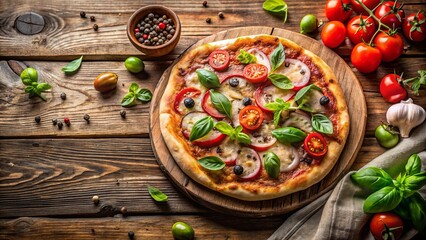 Rustic wooden board served with delicious pizza topped with fresh ingredients