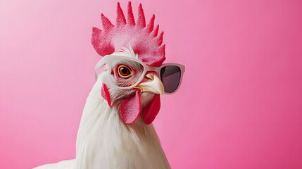 Wall Mural - White Hen with Sunglasses: Soft Pink Background with Copy Space for Creative Design