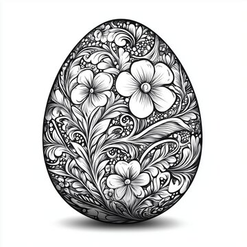Cartoon Easter Egg with Intricate Floral Patterns, Black and White, Fine Detailed Lines on White Background, Elegant Design, Vintage Cartoon Style, Monochrome Inkwork