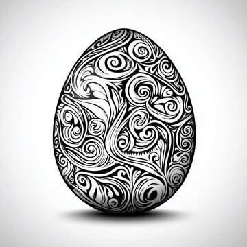Cartoon-Style Easter Egg with Intricate Swirling Patterns, Black and White, Sharp Lines, Centered on White Background, Minimalist Design, Inked Outline, Monochrome Palette, High Contrast