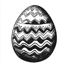Poster - Cartoon-Style Easter Egg with Zigzag Patterns and Dots, Black and White, Sketched Lines, Centered on White Background, Hand-Drawn Effect, Rough Texture, Playful Design