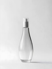 A minimalistic mockup of a glossy plastic cosmetic bottle, featuring a refined shape and isolated on a bright white background for a clear, professional presentation 