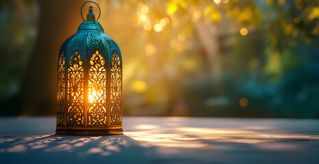 A blue lantern with a light inside of it is sitting on a table