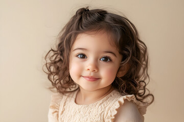 A young girl with curly hair is smiling at the camera