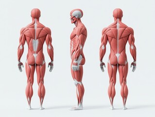 3d rendered anatomical illustration of human muscular system in three views: front, back and side.