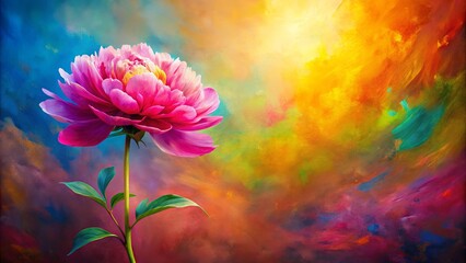 Oil painting of a vibrant peony flower standing out against a colorful abstract background