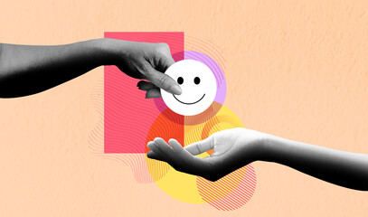 hands holding happy smile, feedback rating and positive customer review experience, satisfaction sur