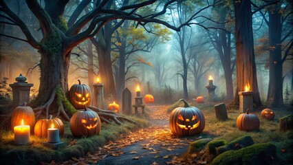 Wall Mural - Spooky Halloween scene with glowing pumpkins and tombstones in an eerie forest setting