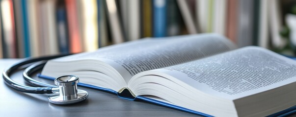 A medical book and stethoscope on a desk, representing healthcare and education in a professional environment.