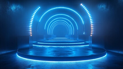 Wall Mural - High-quality C4D rendering of a blue background with circular light strips, glass podiums in front, and an empty center for displays, bright colors, and a high-tech feel.